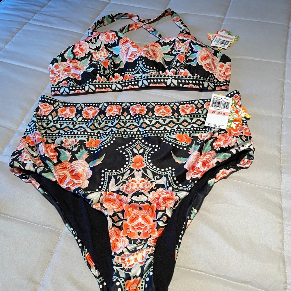 BECCA Floral Bikini Set with Black and Orange Accents